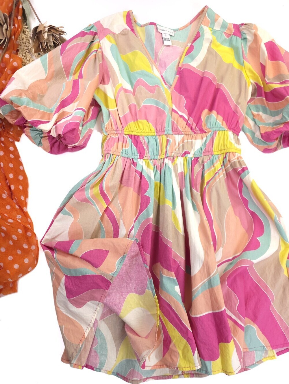Sincerely Jules Colorful Swirl V-Neck Puff Sleeve Dress S - Picture 1 of 14